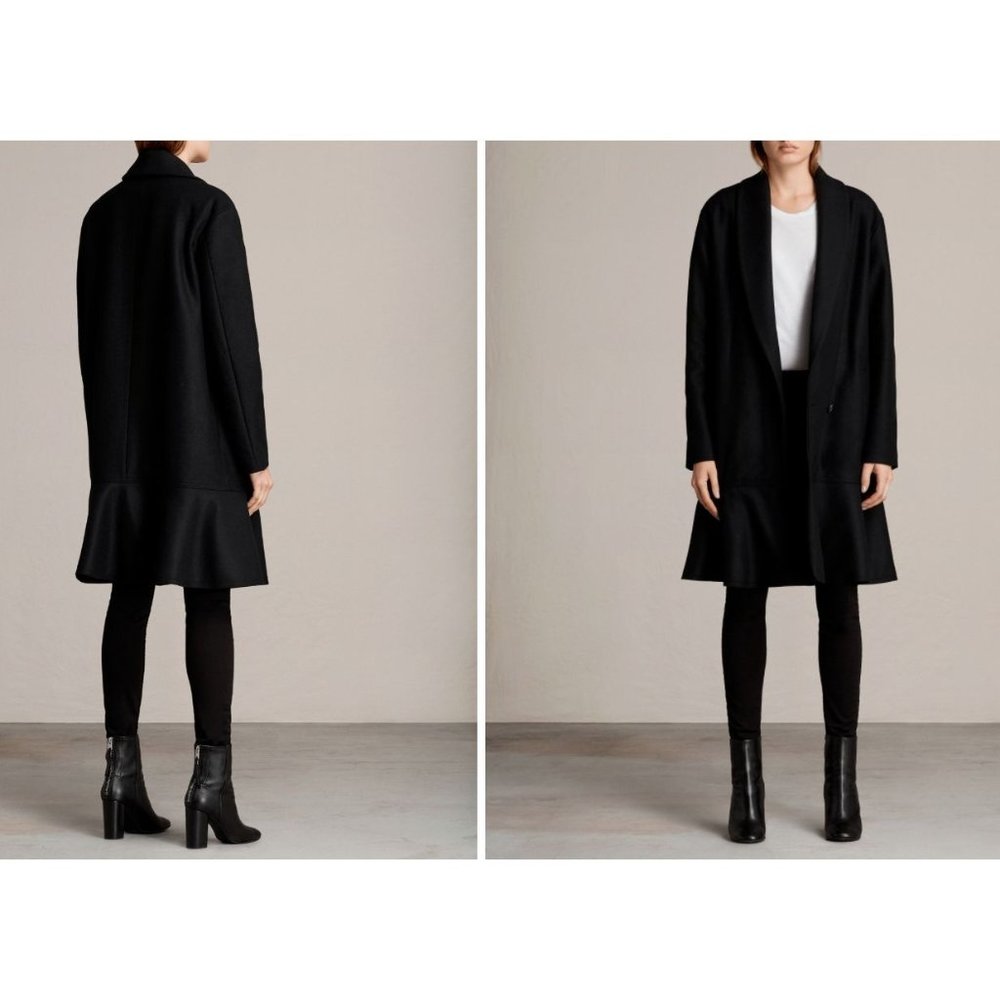 ๐ ALLSAINTS Grace Coat Italian Wool Ruffle Black X-Small - Picture 1 of 13